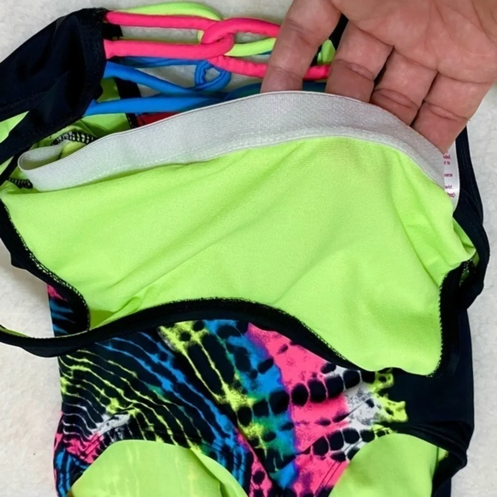 Justice girls one piece swimsuit black with pink blue yellow neon tie dye 8